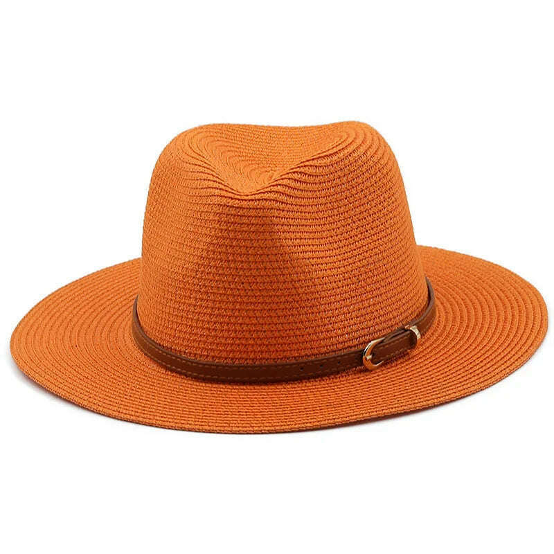 KIMLUD, 21 Colors Solid Color Straw Hat with Brown Belt Wide Brim Sun Protection Unisex Beach Hat Women Summer Outdoor Jazz Panama Cap, KIMLUD Womens Clothes