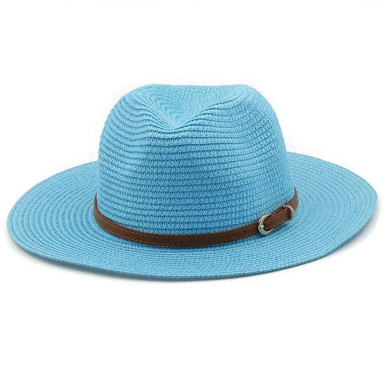 KIMLUD, 21 Colors Solid Color Straw Hat with Brown Belt Wide Brim Sun Protection Unisex Beach Hat Women Summer Outdoor Jazz Panama Cap, KIMLUD Womens Clothes