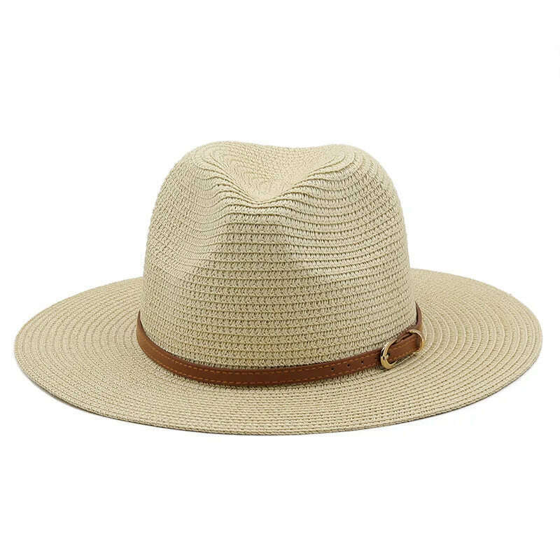 KIMLUD, 21 Colors Solid Color Straw Hat with Brown Belt Wide Brim Sun Protection Unisex Beach Hat Women Summer Outdoor Jazz Panama Cap, KIMLUD Womens Clothes