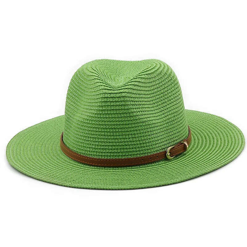 KIMLUD, 21 Colors Solid Color Straw Hat with Brown Belt Wide Brim Sun Protection Unisex Beach Hat Women Summer Outdoor Jazz Panama Cap, 18 fruit Green / Adults 56-58cm, KIMLUD Womens Clothes