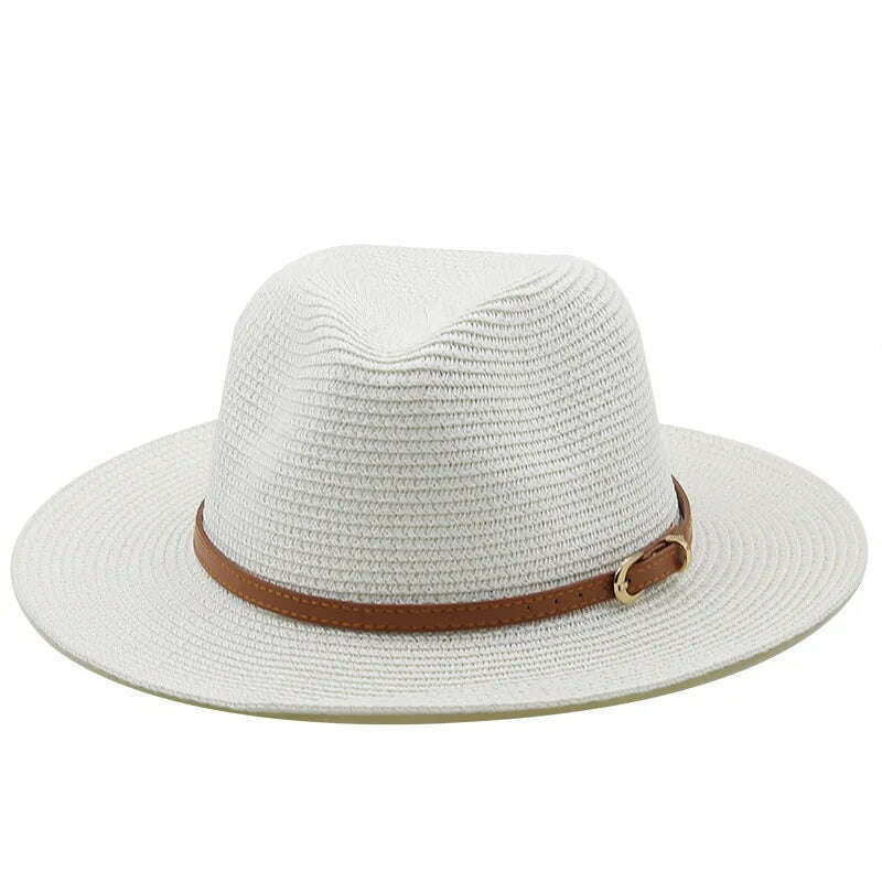 KIMLUD, 21 Colors Solid Color Straw Hat with Brown Belt Wide Brim Sun Protection Unisex Beach Hat Women Summer Outdoor Jazz Panama Cap, KIMLUD Womens Clothes