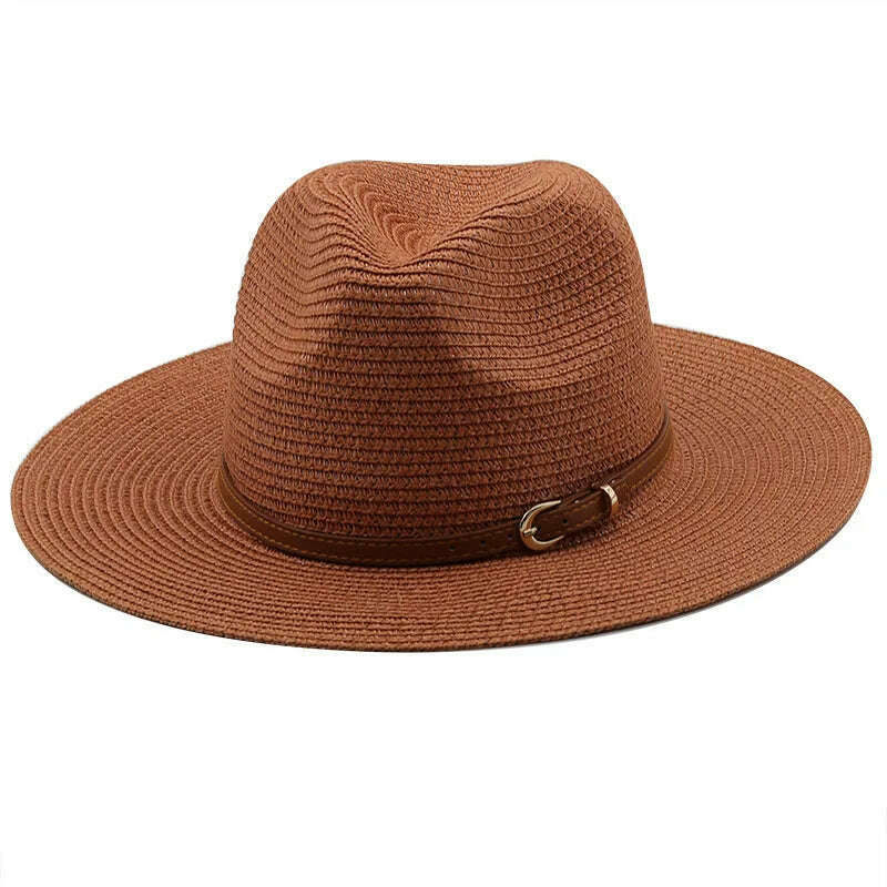KIMLUD, 21 Colors Solid Color Straw Hat with Brown Belt Wide Brim Sun Protection Unisex Beach Hat Women Summer Outdoor Jazz Panama Cap, 14 caramel / Adults 56-58cm, KIMLUD Womens Clothes
