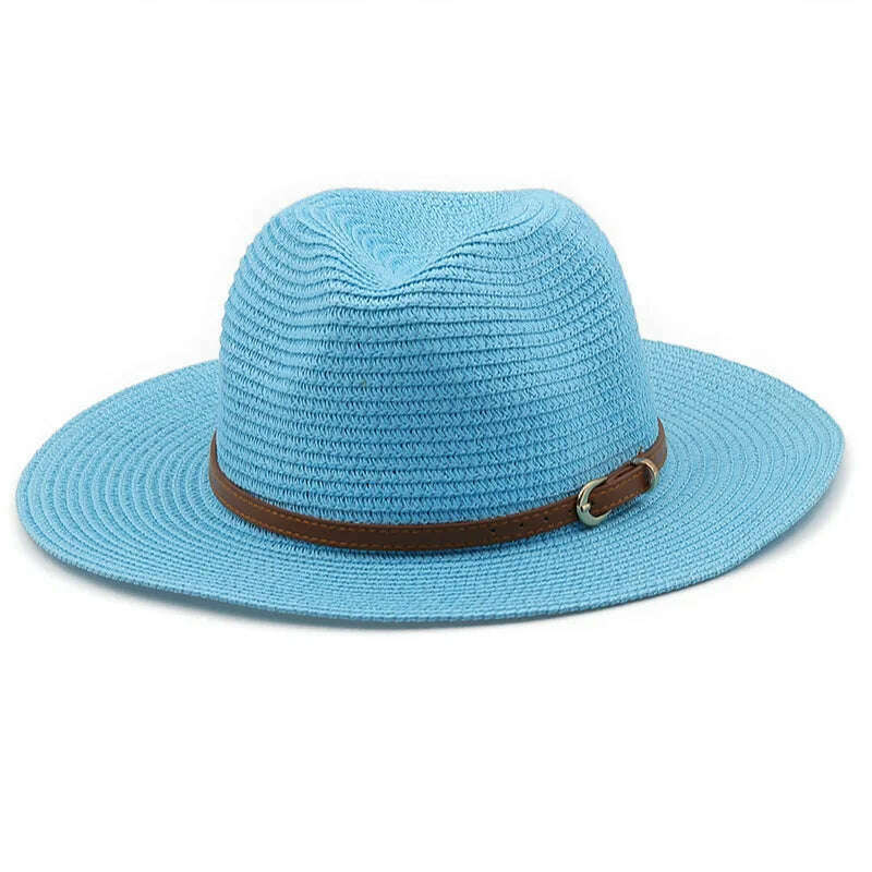 KIMLUD, 21 Colors Solid Color Straw Hat with Brown Belt Wide Brim Sun Protection Unisex Beach Hat Women Summer Outdoor Jazz Panama Cap, 11 lake blue / Adults 56-58cm, KIMLUD Womens Clothes