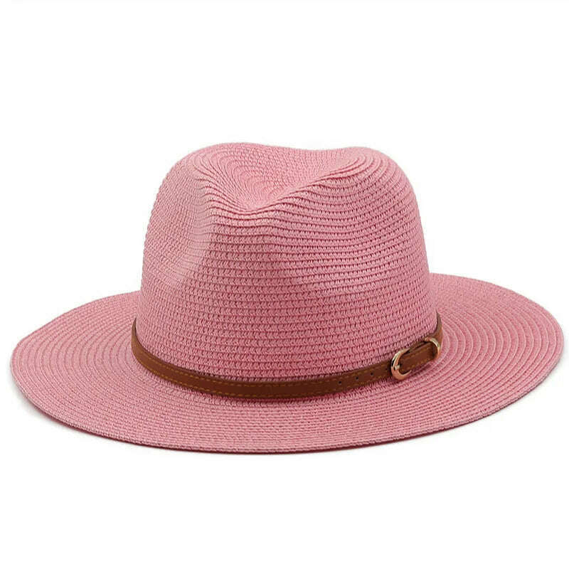 KIMLUD, 21 Colors Solid Color Straw Hat with Brown Belt Wide Brim Sun Protection Unisex Beach Hat Women Summer Outdoor Jazz Panama Cap, 12 pink / Adults 56-58cm, KIMLUD Womens Clothes