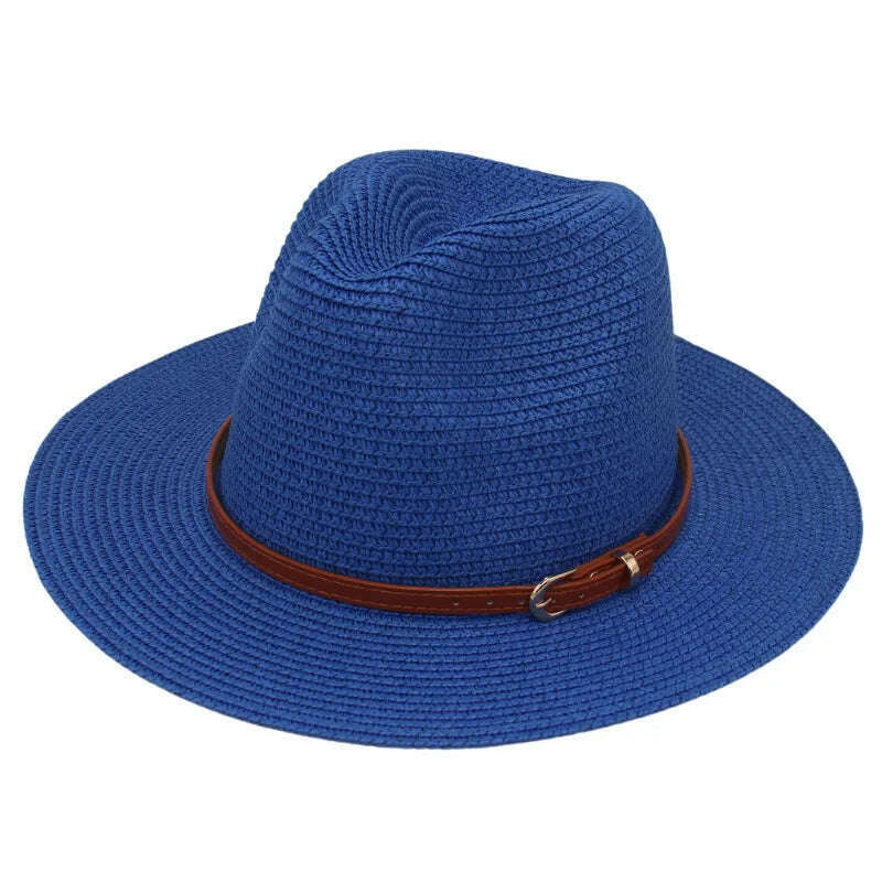 KIMLUD, 21 Colors Solid Color Straw Hat with Brown Belt Wide Brim Sun Protection Unisex Beach Hat Women Summer Outdoor Jazz Panama Cap, KIMLUD Womens Clothes