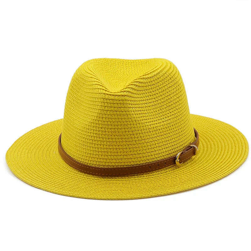 KIMLUD, 21 Colors Solid Color Straw Hat with Brown Belt Wide Brim Sun Protection Unisex Beach Hat Women Summer Outdoor Jazz Panama Cap, 19 yellow / Adults 56-58cm, KIMLUD Womens Clothes