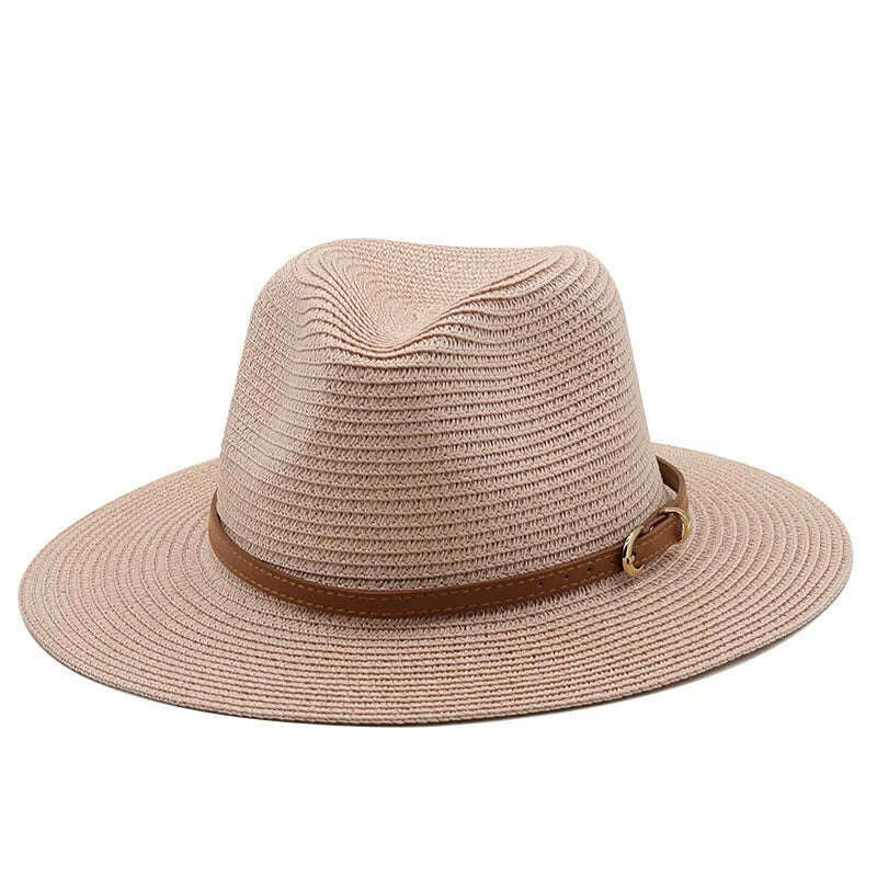 KIMLUD, 21 Colors Solid Color Straw Hat with Brown Belt Wide Brim Sun Protection Unisex Beach Hat Women Summer Outdoor Jazz Panama Cap, 20 pink color / Adults 56-58cm, KIMLUD Womens Clothes