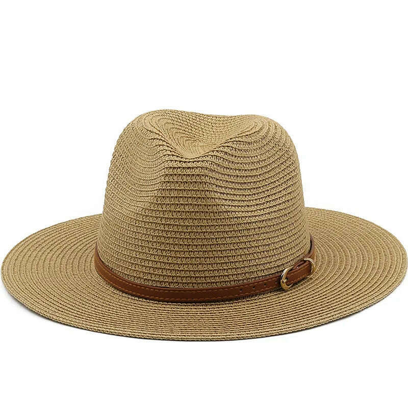 KIMLUD, 21 Colors Solid Color Straw Hat with Brown Belt Wide Brim Sun Protection Unisex Beach Hat Women Summer Outdoor Jazz Panama Cap, KIMLUD Womens Clothes