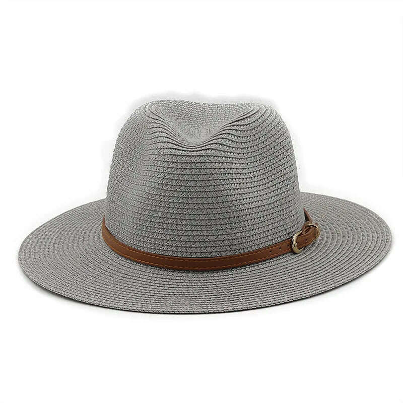 KIMLUD, 21 Colors Solid Color Straw Hat with Brown Belt Wide Brim Sun Protection Unisex Beach Hat Women Summer Outdoor Jazz Panama Cap, 08 Gray / Adults 56-58cm, KIMLUD Womens Clothes