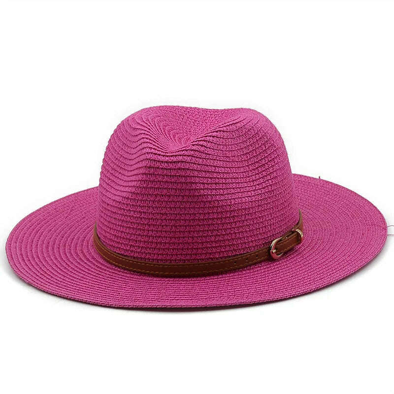 KIMLUD, 21 Colors Solid Color Straw Hat with Brown Belt Wide Brim Sun Protection Unisex Beach Hat Women Summer Outdoor Jazz Panama Cap, 06 Rose Red / Adults 56-58cm, KIMLUD Womens Clothes