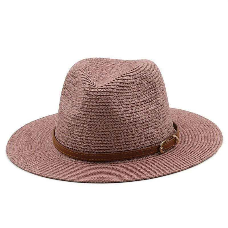 KIMLUD, 21 Colors Solid Color Straw Hat with Brown Belt Wide Brim Sun Protection Unisex Beach Hat Women Summer Outdoor Jazz Panama Cap, 03 cameo Brown / Adults 56-58cm, KIMLUD Womens Clothes