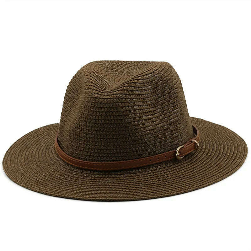 KIMLUD, 21 Colors Solid Color Straw Hat with Brown Belt Wide Brim Sun Protection Unisex Beach Hat Women Summer Outdoor Jazz Panama Cap, 04 coffee / Adults 56-58cm, KIMLUD Womens Clothes