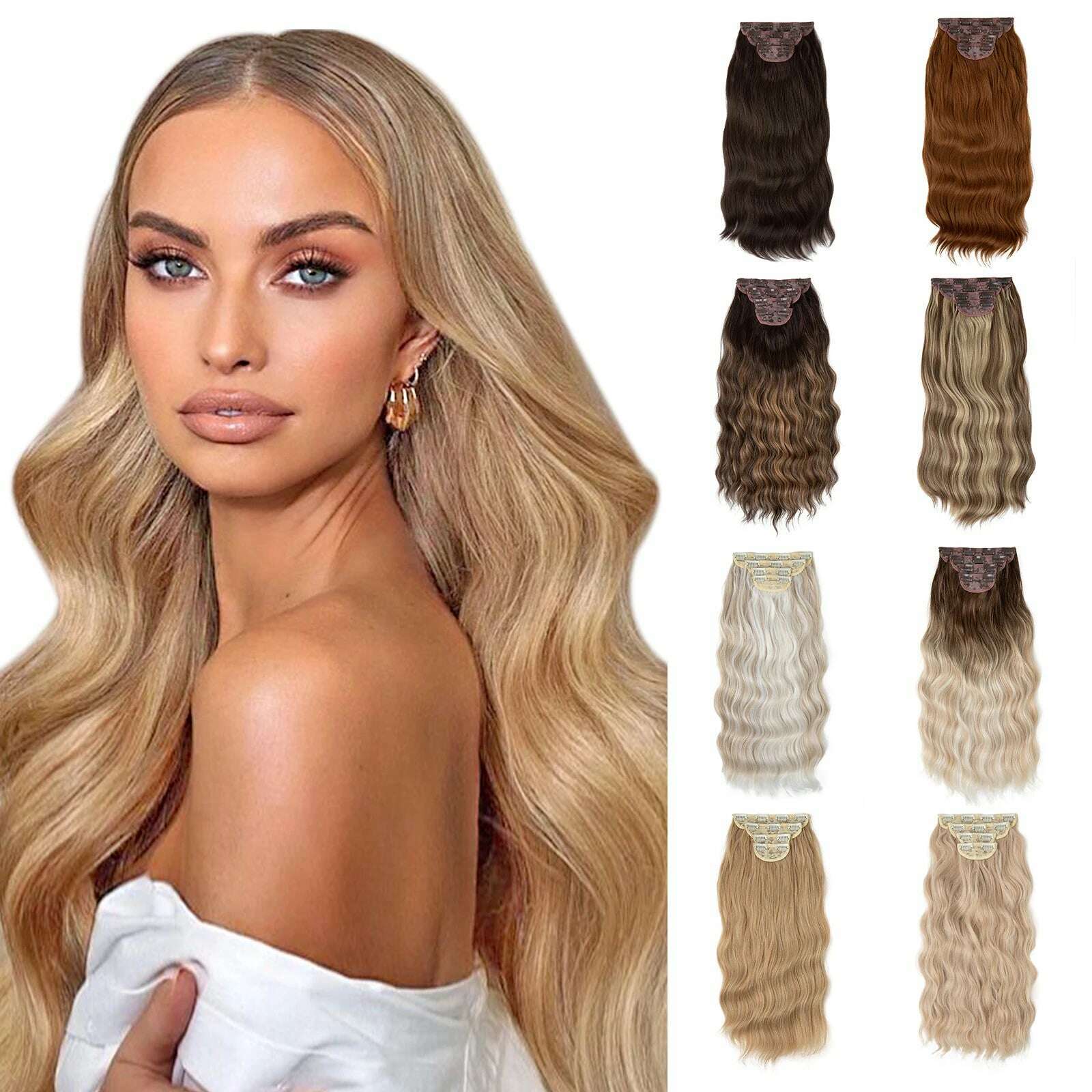KIMLUD, 22" 4pcs/set Synthetic Clip In Hair Extensions Elegant Long Wavy Thick Hairpiece Daily Use Brown Blonde Natural Fake Hair, KIMLUD Womens Clothes