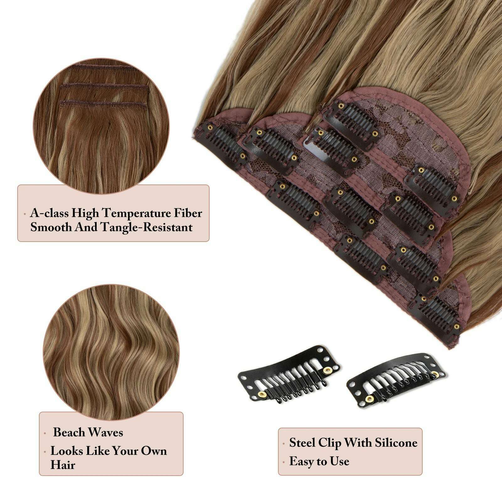 KIMLUD, 22" 4pcs/set Synthetic Clip In Hair Extensions Elegant Long Wavy Thick Hairpiece Daily Use Brown Blonde Natural Fake Hair, KIMLUD Womens Clothes