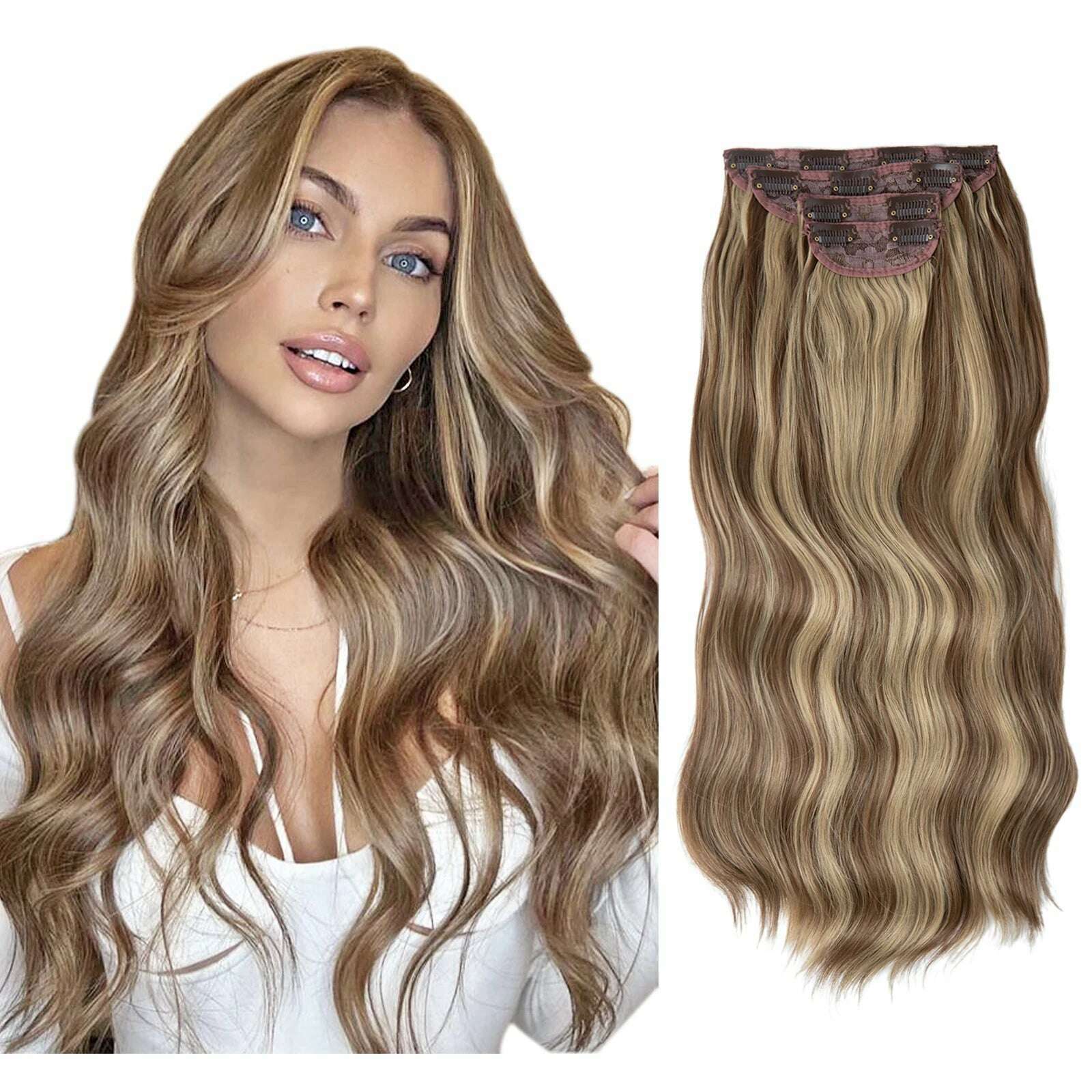 KIMLUD, 22" 4pcs/set Synthetic Clip In Hair Extensions Elegant Long Wavy Thick Hairpiece Daily Use Brown Blonde Natural Fake Hair, Brunette Ash Blonde / 22INCHES, KIMLUD APPAREL - Womens Clothes