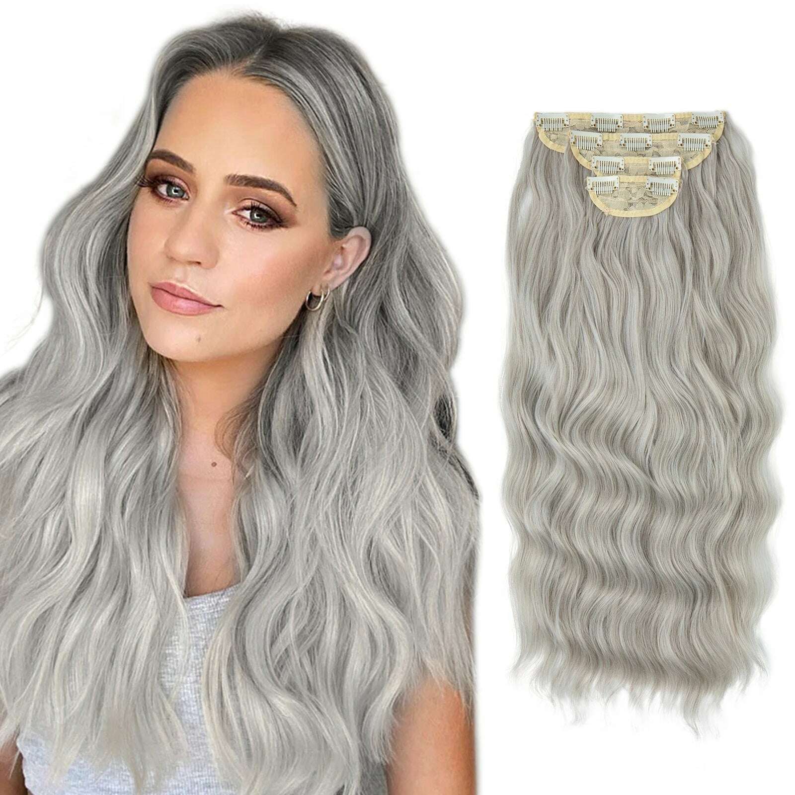 KIMLUD, 22" 4pcs/set Synthetic Clip In Hair Extensions Elegant Long Wavy Thick Hairpiece Daily Use Brown Blonde Natural Fake Hair, silver gray / 22INCHES, KIMLUD APPAREL - Womens Clothes