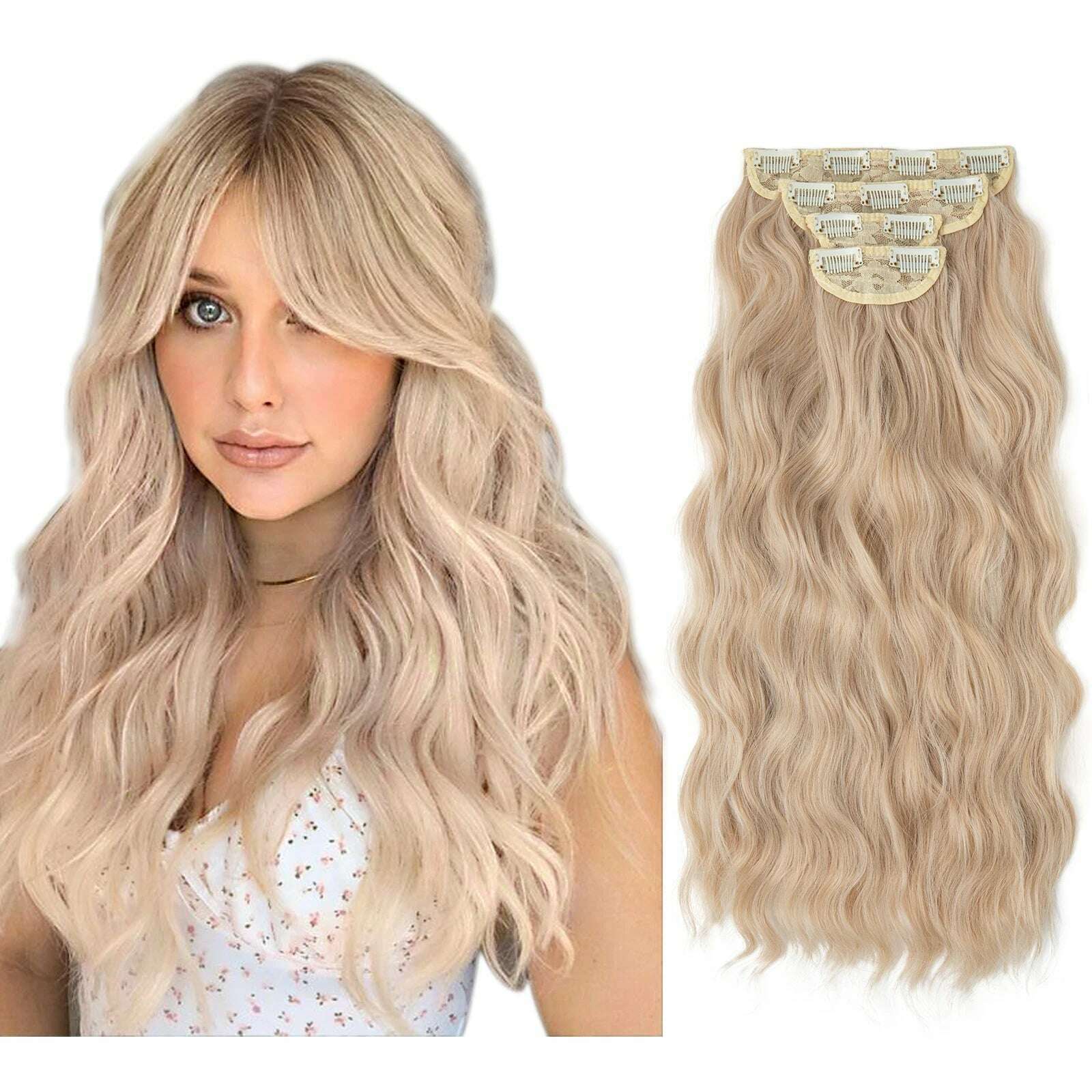 KIMLUD, 22" 4pcs/set Synthetic Clip In Hair Extensions Elegant Long Wavy Thick Hairpiece Daily Use Brown Blonde Natural Fake Hair, light blonde / 22INCHES, KIMLUD APPAREL - Womens Clothes