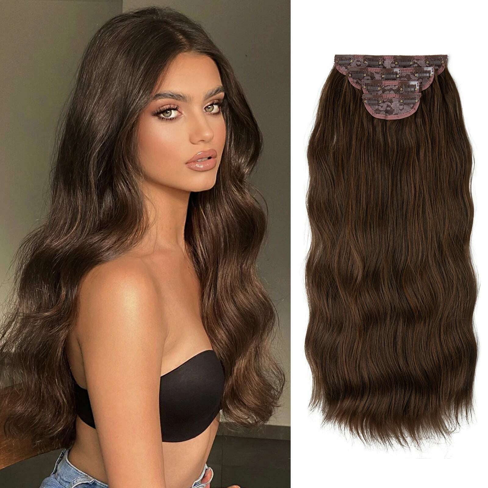 KIMLUD, 22" 4pcs/set Synthetic Clip In Hair Extensions Elegant Long Wavy Thick Hairpiece Daily Use Brown Blonde Natural Fake Hair, KIMLUD Womens Clothes