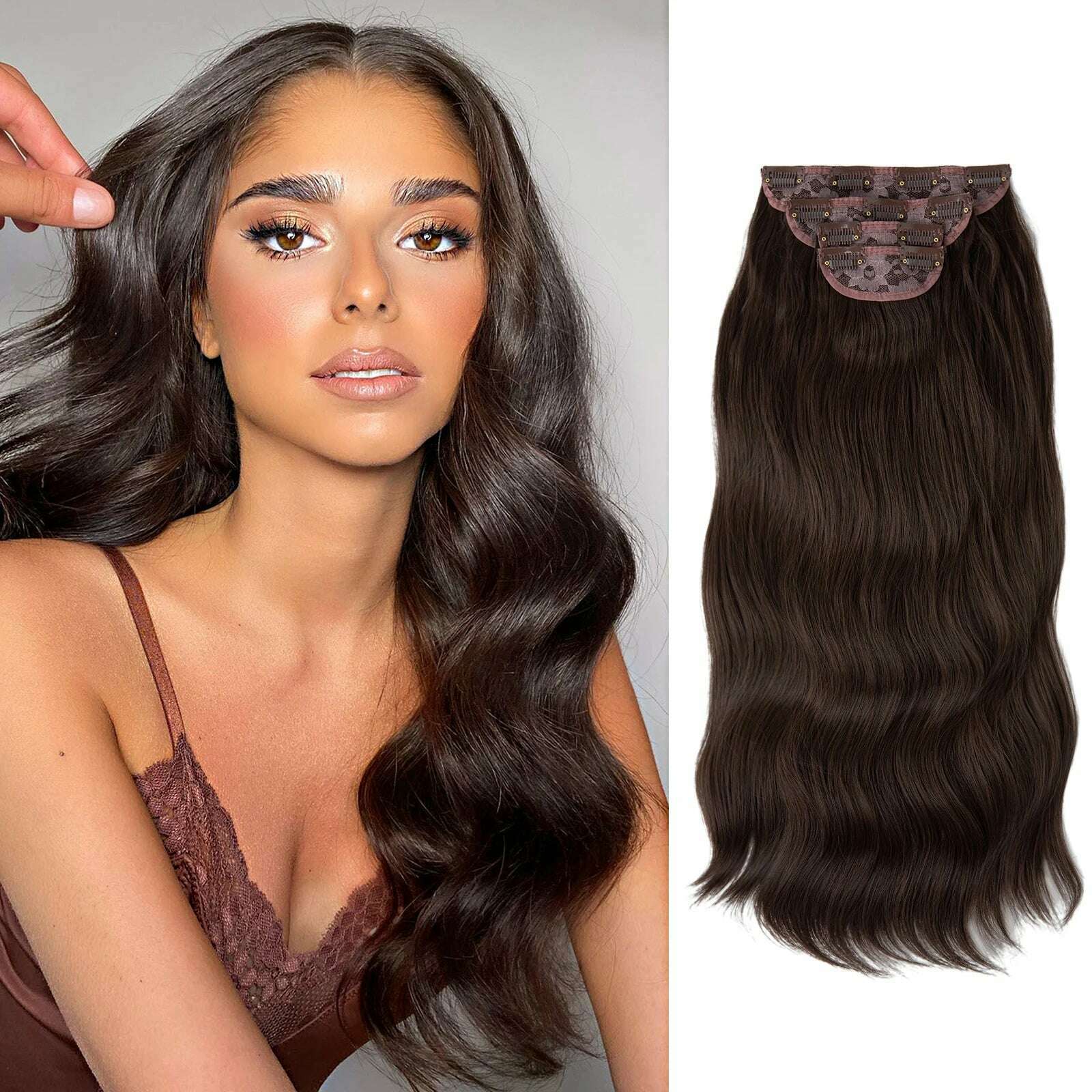 KIMLUD, 22" 4pcs/set Synthetic Clip In Hair Extensions Elegant Long Wavy Thick Hairpiece Daily Use Brown Blonde Natural Fake Hair, Dark Brown / 22INCHES, KIMLUD APPAREL - Womens Clothes
