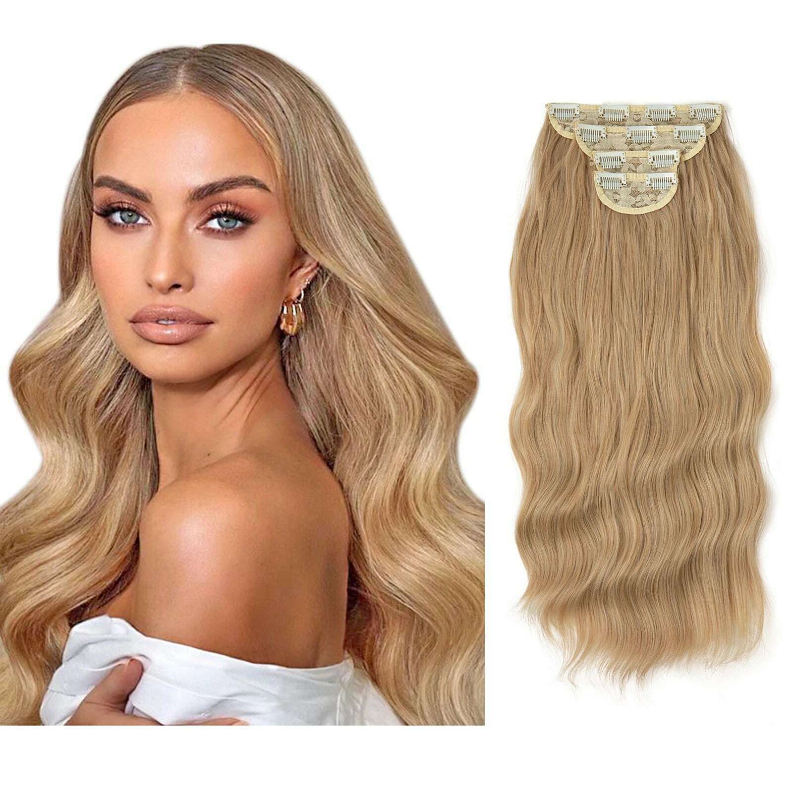 KIMLUD, 22" 4pcs/set Synthetic Clip In Hair Extensions Elegant Long Wavy Thick Hairpiece Daily Use Brown Blonde Natural Fake Hair, Light Honey Blonde / 22INCHES, KIMLUD APPAREL - Womens Clothes