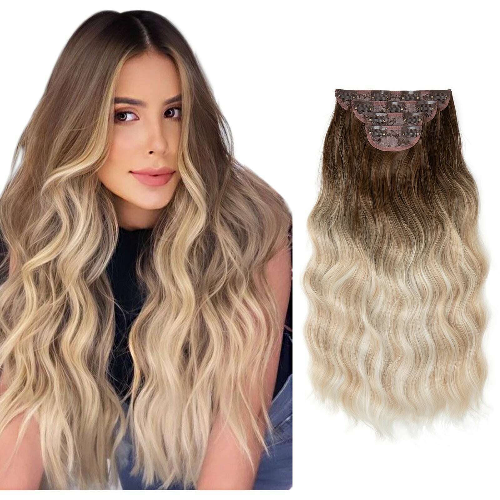 KIMLUD, 22" 4pcs/set Synthetic Clip In Hair Extensions Elegant Long Wavy Thick Hairpiece Daily Use Brown Blonde Natural Fake Hair, blonde bayalage / 22INCHES, KIMLUD APPAREL - Womens Clothes