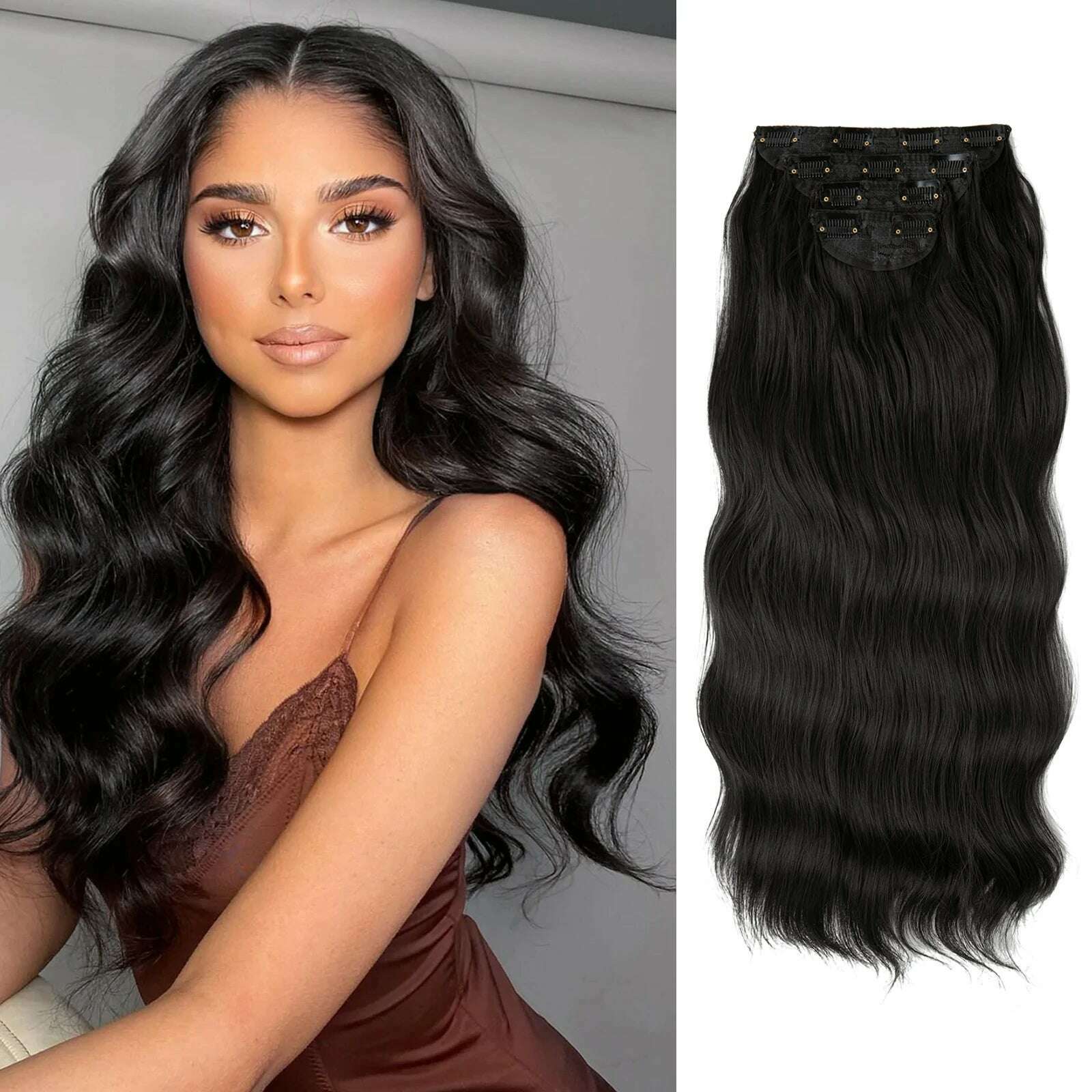 KIMLUD, 22" 4pcs/set Synthetic Clip In Hair Extensions Elegant Long Wavy Thick Hairpiece Daily Use Brown Blonde Natural Fake Hair, Off Black / 22INCHES, KIMLUD APPAREL - Womens Clothes