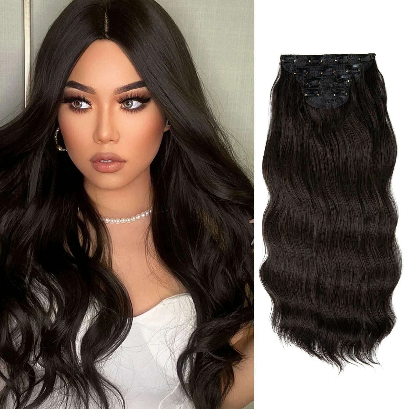 KIMLUD, 22" 4pcs/set Synthetic Clip In Hair Extensions Elegant Long Wavy Thick Hairpiece Daily Use Brown Blonde Natural Fake Hair, Black Brown / 22INCHES, KIMLUD APPAREL - Womens Clothes