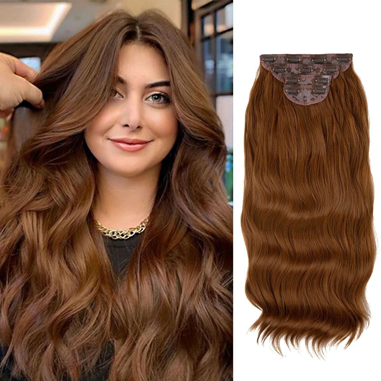 KIMLUD, 22" 4pcs/set Synthetic Clip In Hair Extensions Elegant Long Wavy Thick Hairpiece Daily Use Brown Blonde Natural Fake Hair, Light Auburn / 22INCHES, KIMLUD APPAREL - Womens Clothes