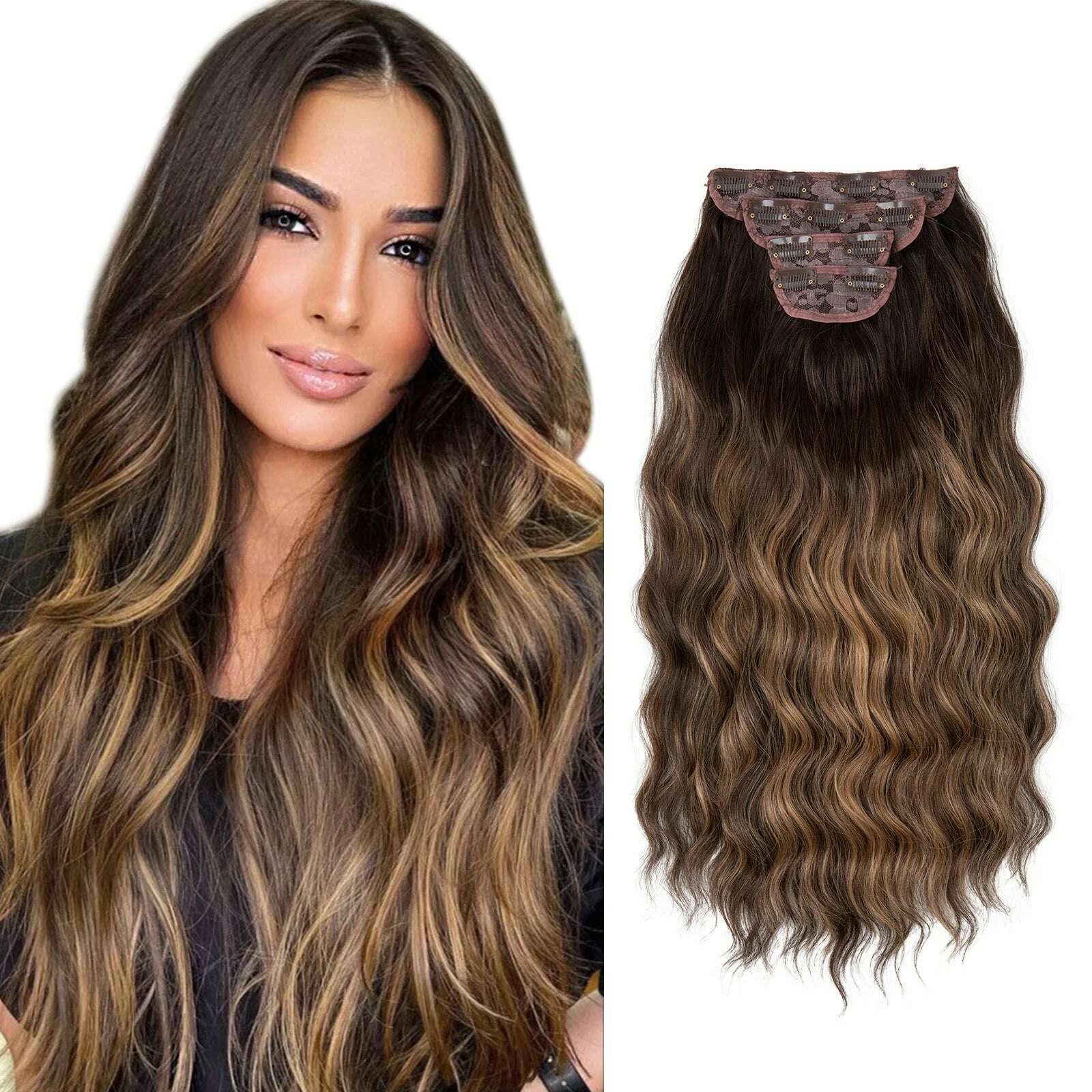 KIMLUD, 22" 4pcs/set Synthetic Clip In Hair Extensions Elegant Long Wavy Thick Hairpiece Daily Use Brown Blonde Natural Fake Hair, chocolate brown / 22INCHES, KIMLUD APPAREL - Womens Clothes