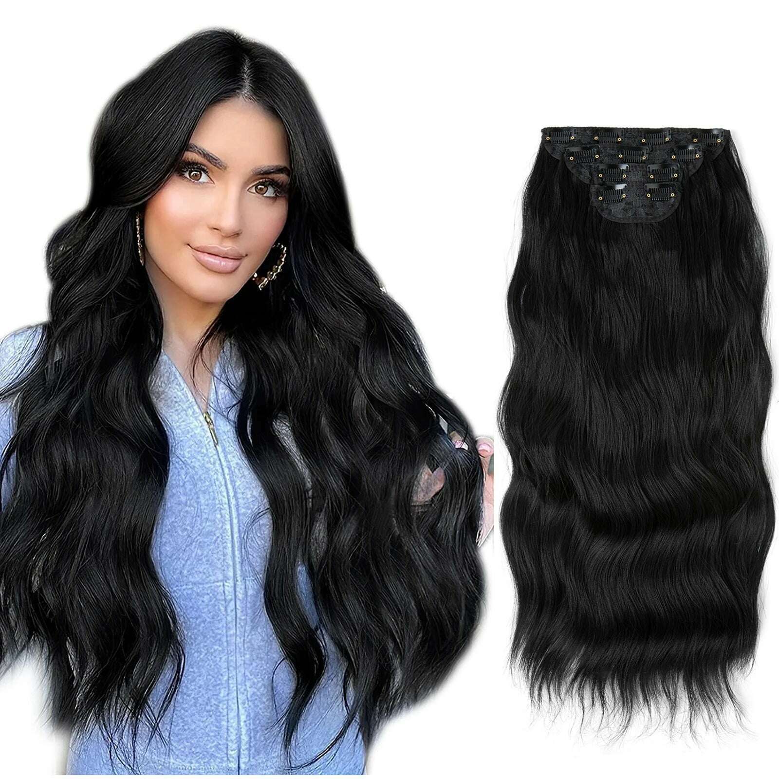 KIMLUD, 22" 4pcs/set Synthetic Clip In Hair Extensions Elegant Long Wavy Thick Hairpiece Daily Use Brown Blonde Natural Fake Hair, jet black / 22INCHES, KIMLUD APPAREL - Womens Clothes