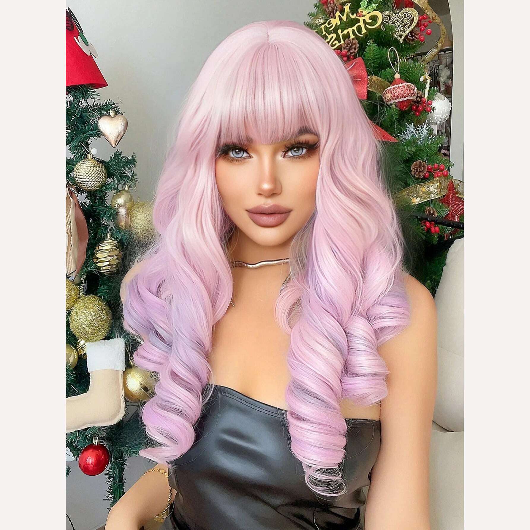 KIMLUD, 22Inch Cherry Blossom Pink Color Synthetic Wigs With Bang Long Natural Curly Hair Wig For Women Cosplay Party Heat Resistant, KIMLUD Womens Clothes