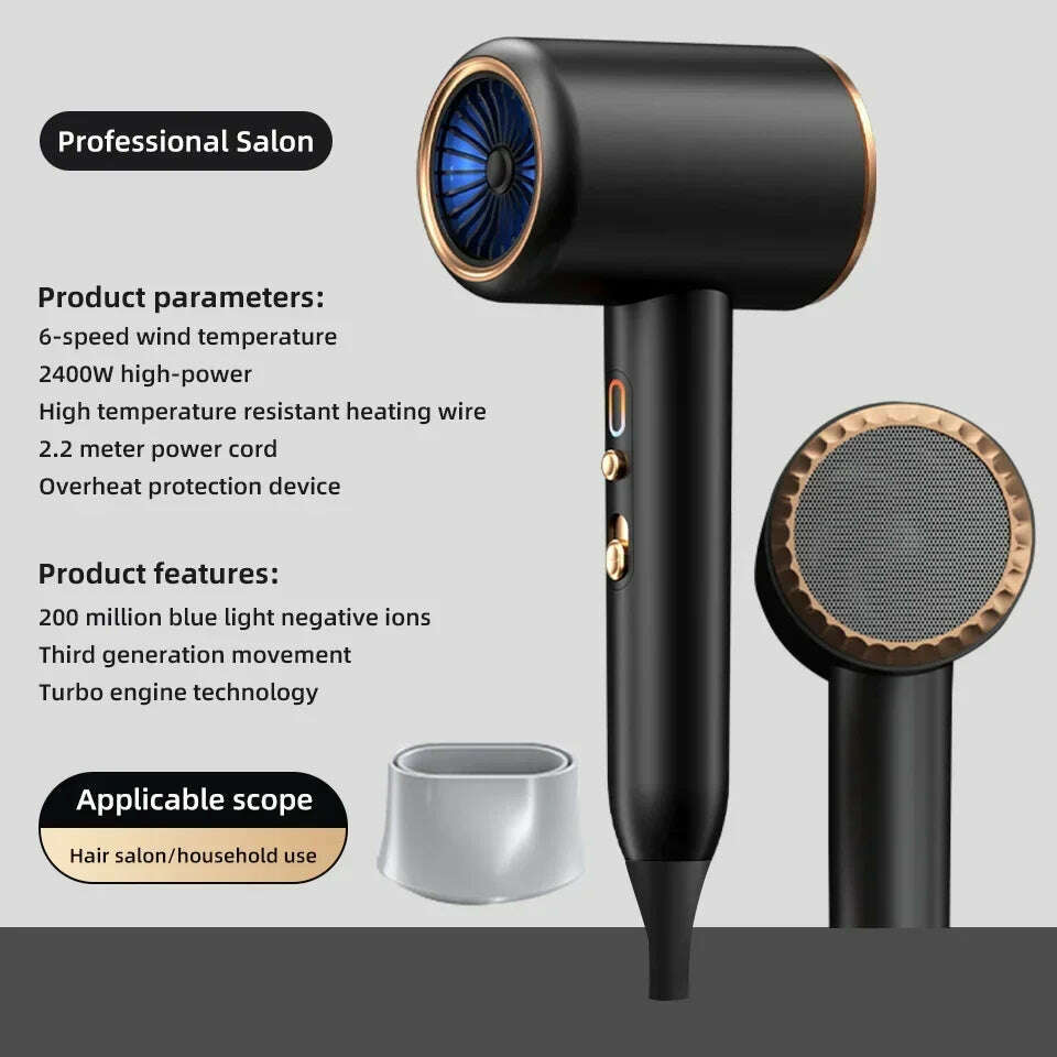 KIMLUD, 2400W 3th Gear Professional Hair Dryer Negative Lonic Blow Dryer Hot Cold Wind Air Brush Hairdryer Strong PowerDryer Salon Tool, CHINA / Black / EU, KIMLUD Womens Clothes
