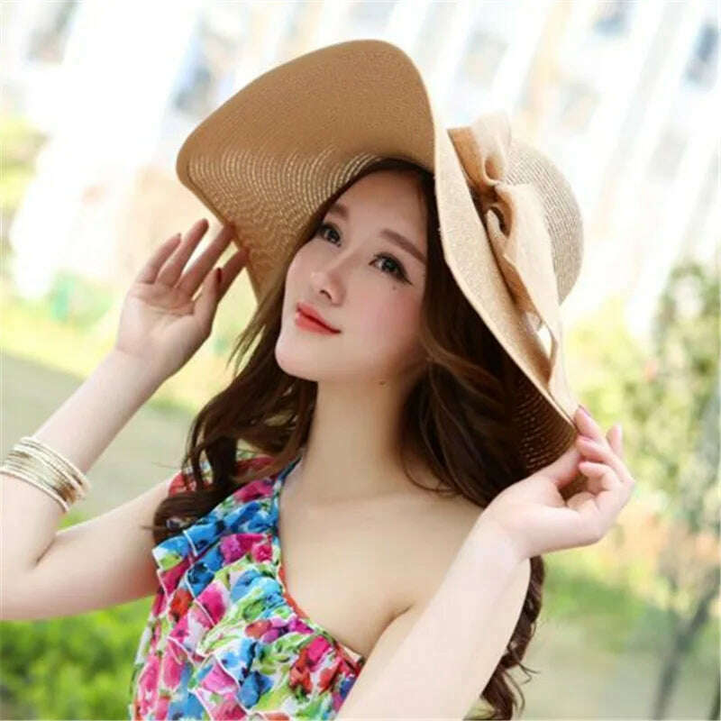 KIMLUD, 24colors Womens Sun Straw Hat Wide Brim UPF 50 Summer Hat Foldable Roll up Floppy Beach Hats for Women Big Bowknot, KIMLUD Womens Clothes