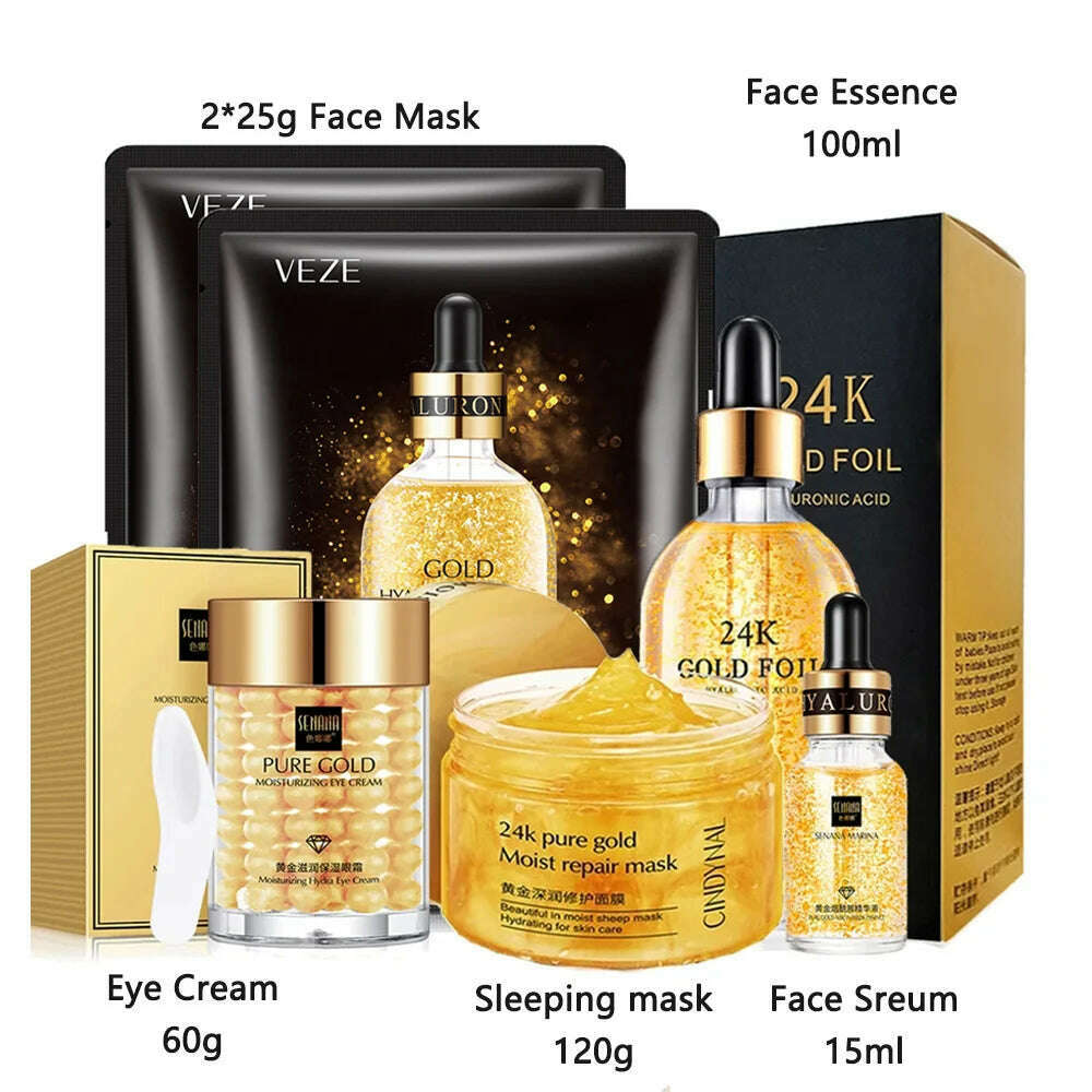 24k Gold Facial Skin Care Set Moisturizing Repair Sleep Mask Acne Facial products kit Mask Anti Wrinkle Essence Korean Cosmetics, SPAIN / Set 1, KIMLUD Women's Clothes