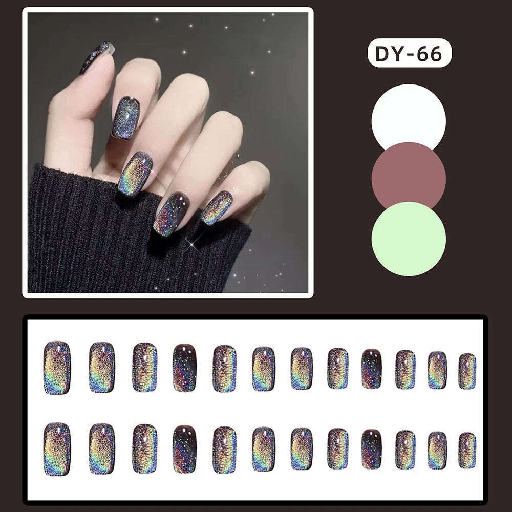 24pcs Aurora False Nail Cat Eye Black Fake Nail Full Cover Glitter Coffin Press on Nail Bride Lady Manicure Acrylic Nail Tip - KIMLUD