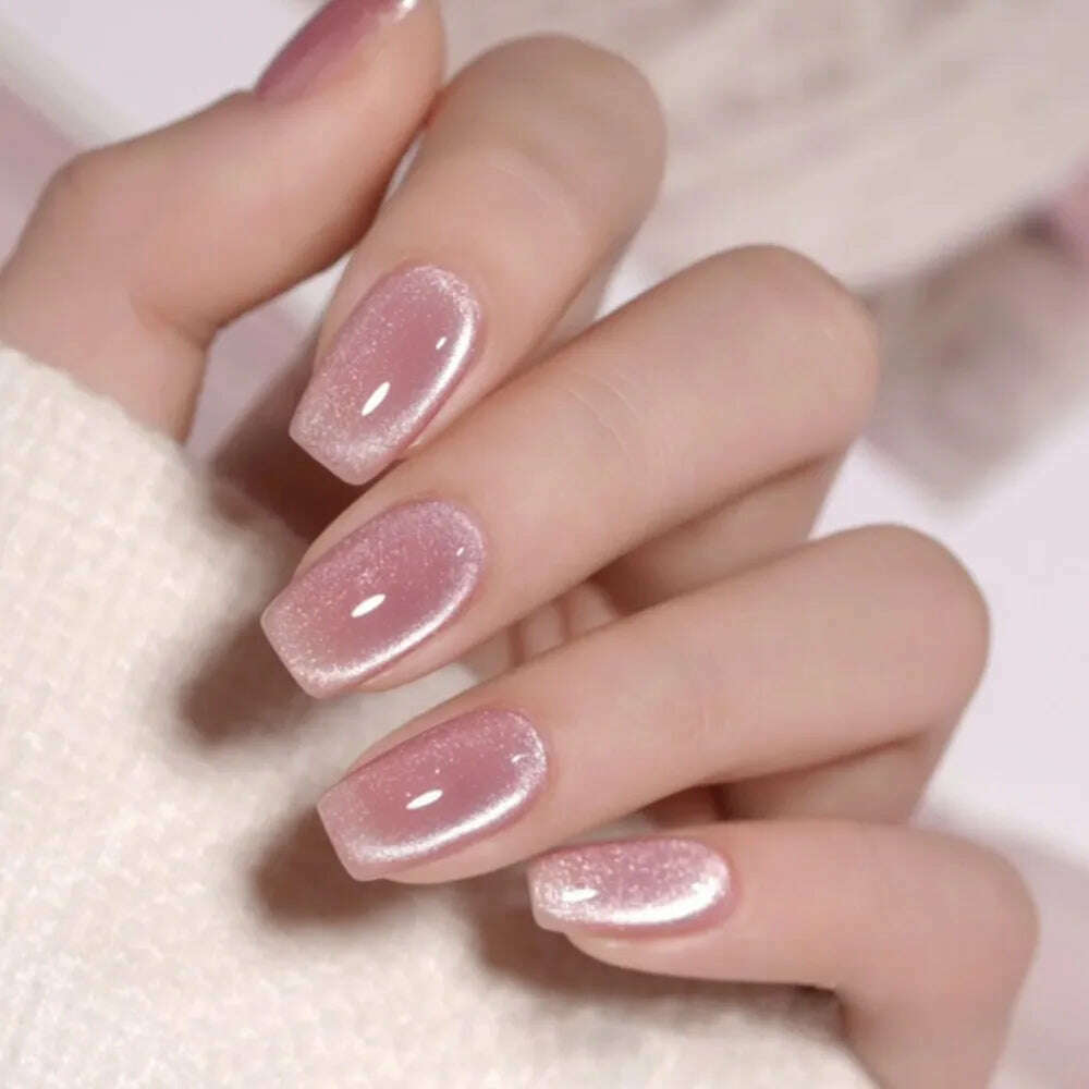 24pcs Cat's Eye Fake Nails Valentine's Day Square Head French Ballet Nail Press on Nails Waterproof Faux Fingernails - KIMLUD