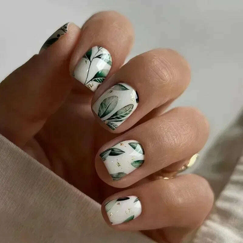 24Pcs Fashion Fake Nails Press on Short Square Head False Nail Art Green Leopard Print Design Artifical Full Cover Nail Tips - KIMLUD