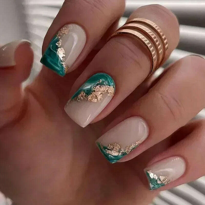 24Pcs Fashion Fake Nails Press on Short Square Head False Nail Art Green Leopard Print Design Artifical Full Cover Nail Tips - KIMLUD