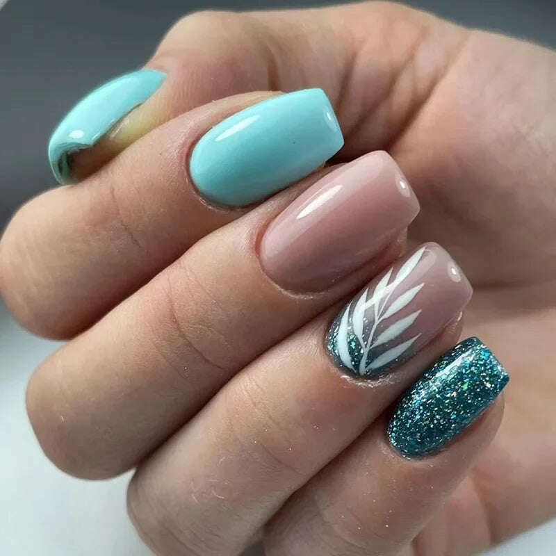 24Pcs Fashion Fake Nails Press on Short Square Head False Nail Art Green Leopard Print Design Artifical Full Cover Nail Tips - KIMLUD