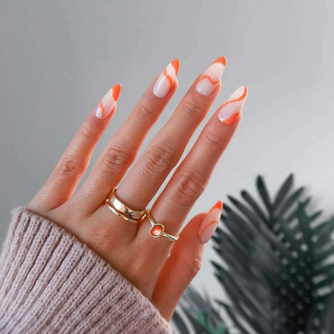 24pcs Light Green Stripe Gradient Wearing Fake Nails Seamless Removable Full Cover Long False Nails Press On Nails With Designs - KIMLUD
