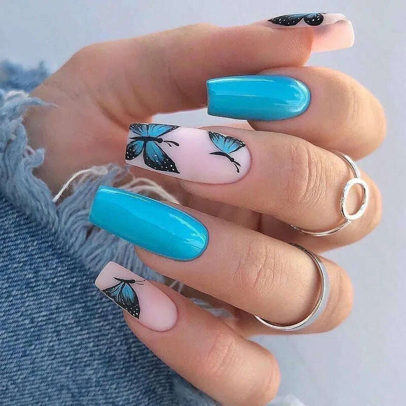 24pcs Light Green Stripe Gradient Wearing Fake Nails Seamless Removable Full Cover Long False Nails Press On Nails With Designs - KIMLUD