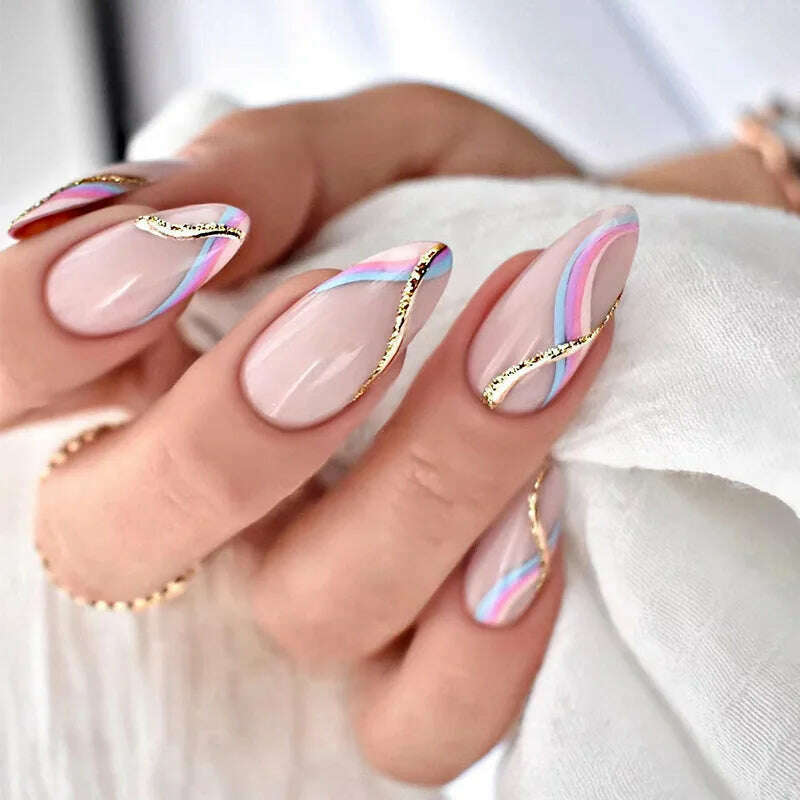 24pcs Light Green Stripe Gradient Wearing Fake Nails Seamless Removable Full Cover Long False Nails Press On Nails With Designs - KIMLUD
