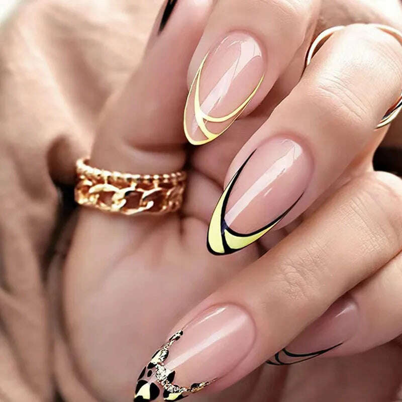24pcs Light Green Stripe Gradient Wearing Fake Nails Seamless Removable Full Cover Long False Nails Press On Nails With Designs - KIMLUD