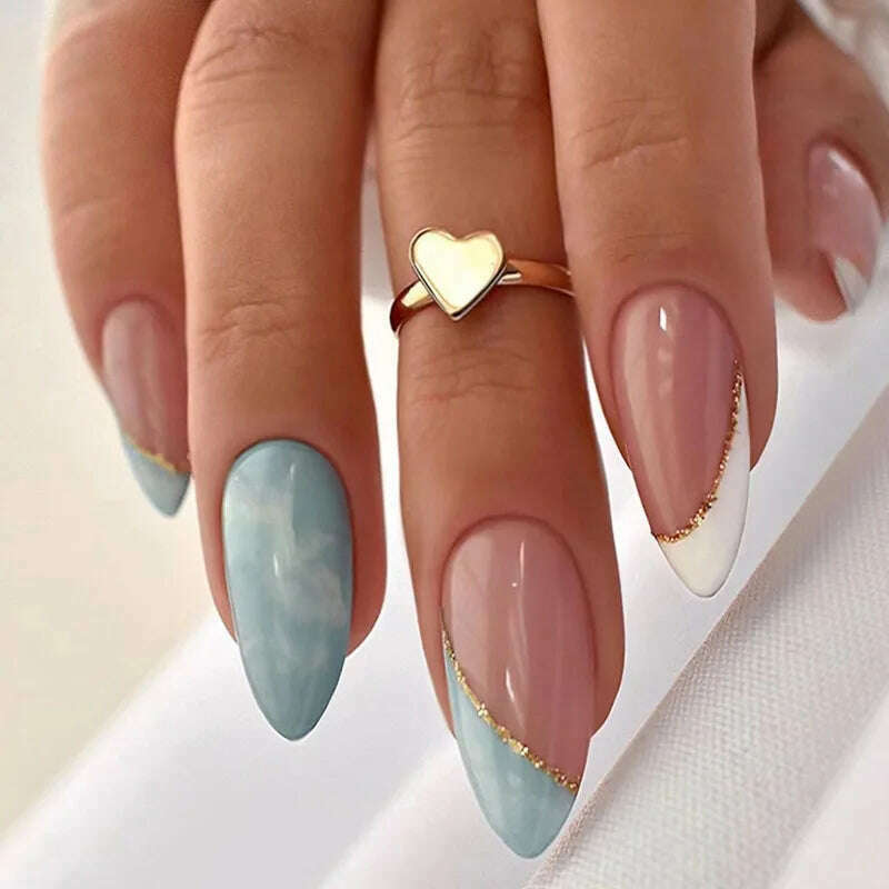 24pcs Light Green Stripe Gradient Wearing Fake Nails Seamless Removable Full Cover Long False Nails Press On Nails With Designs - KIMLUD