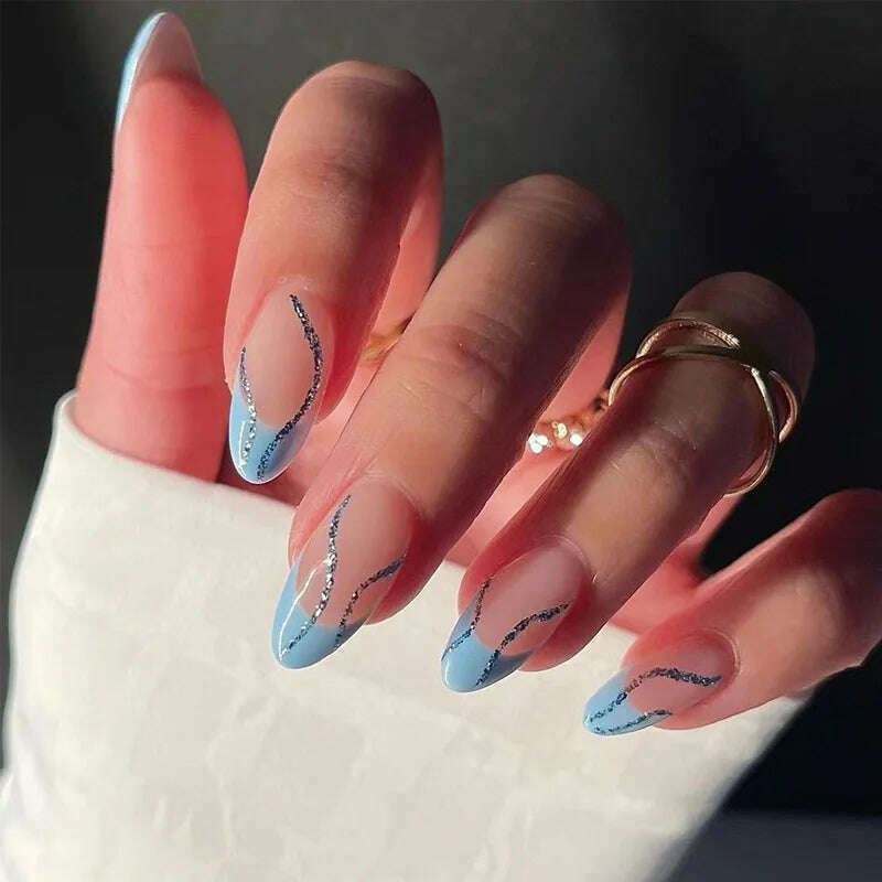 24pcs Light Green Stripe Gradient Wearing Fake Nails Seamless Removable Full Cover Long False Nails Press On Nails With Designs - KIMLUD