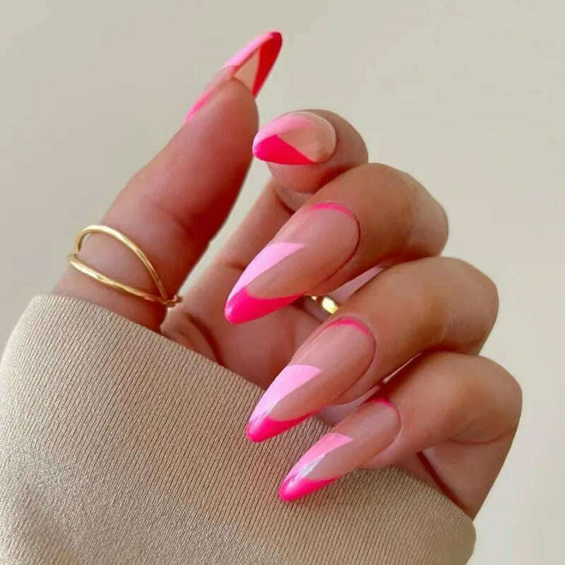 24pcs Light Green Stripe Gradient Wearing Fake Nails Seamless Removable Full Cover Long False Nails Press On Nails With Designs - KIMLUD