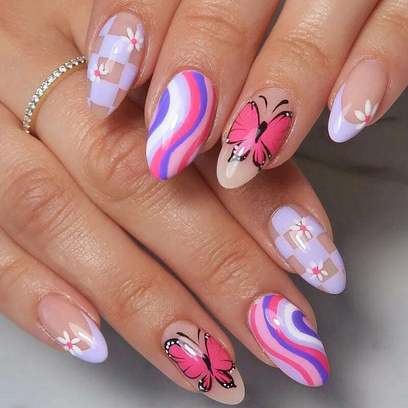 24pcs Light Green Stripe Gradient Wearing Fake Nails Seamless Removable Full Cover Long False Nails Press On Nails With Designs - KIMLUD