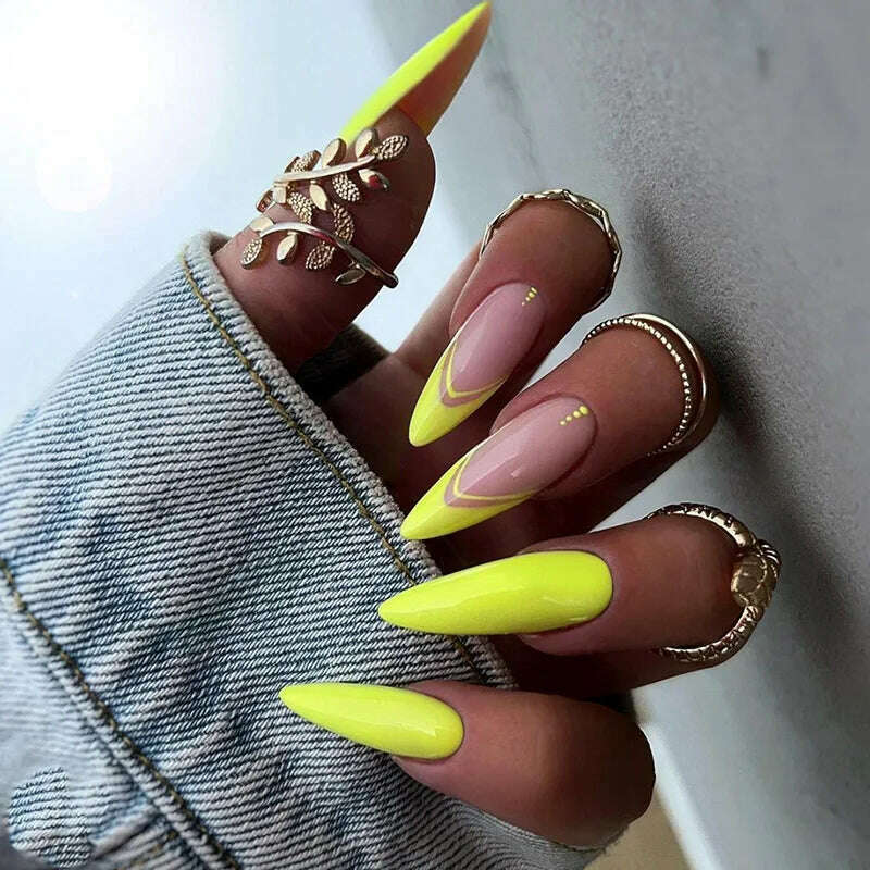24pcs Light Green Stripe Gradient Wearing Fake Nails Seamless Removable Full Cover Long False Nails Press On Nails With Designs - KIMLUD