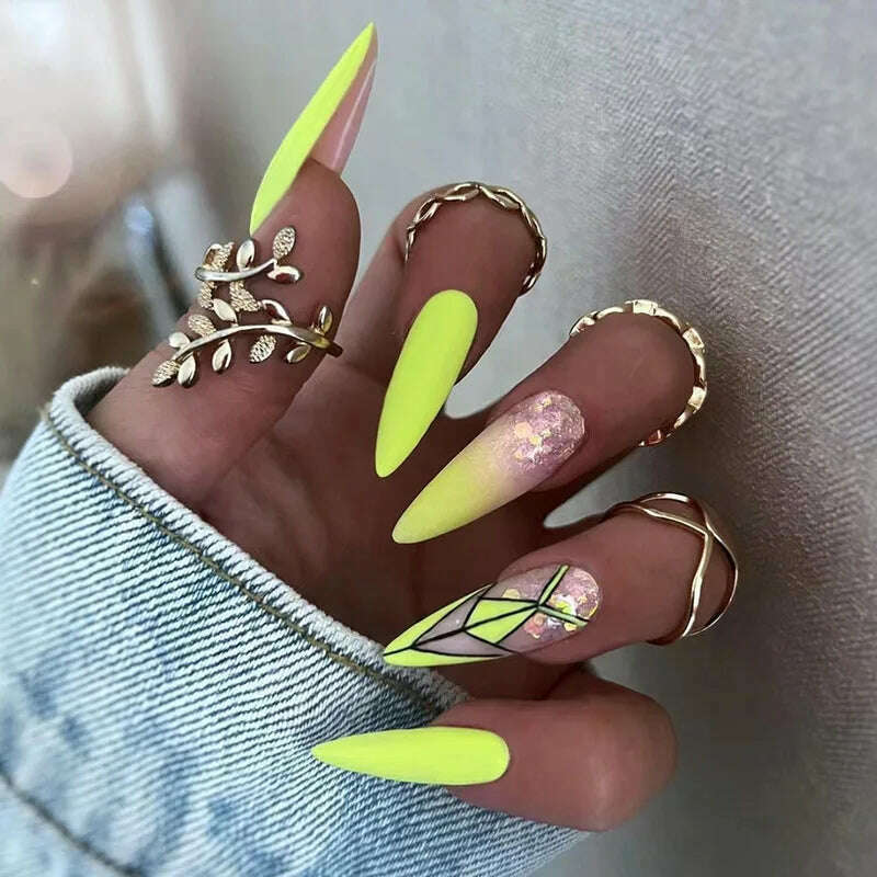 24pcs Light Green Stripe Gradient Wearing Fake Nails Seamless Removable Full Cover Long False Nails Press On Nails With Designs - KIMLUD