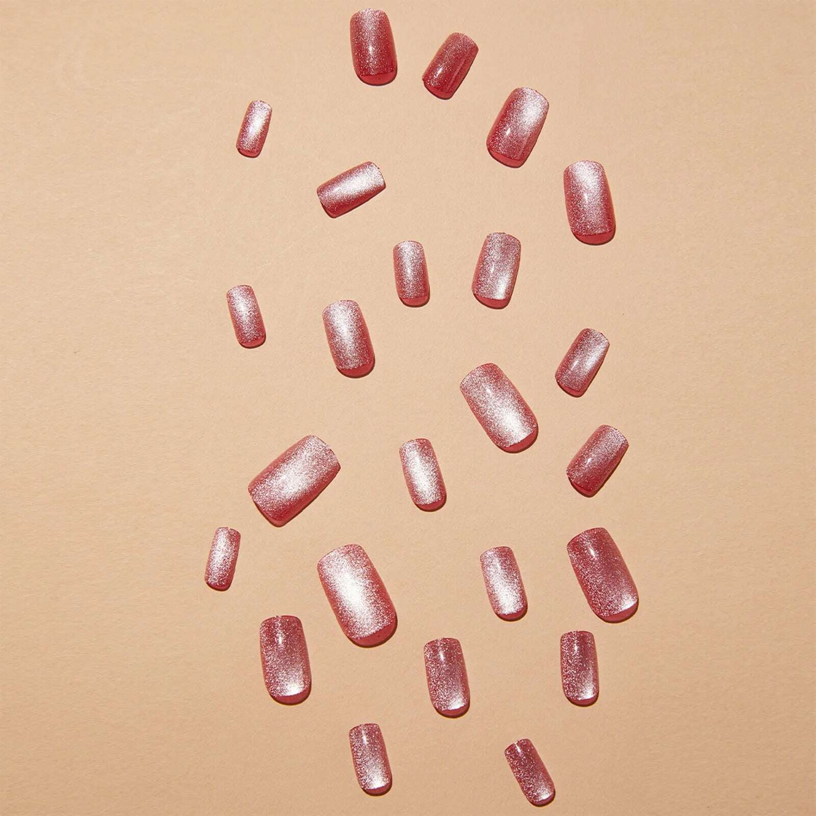 24pcs Pink Shiny Press-on Nails Cat Eye Glitter Artificial Nail Patch For Lady Women Manicure DIY Art Supplies with Jelly Glue - KIMLUD